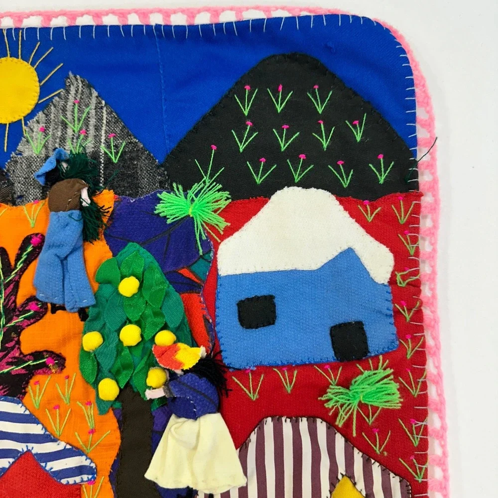 Vintage‎ Peruvian Arpillera Cosecha Wall Hanging 20x20 Multicolor 3D Folk Art